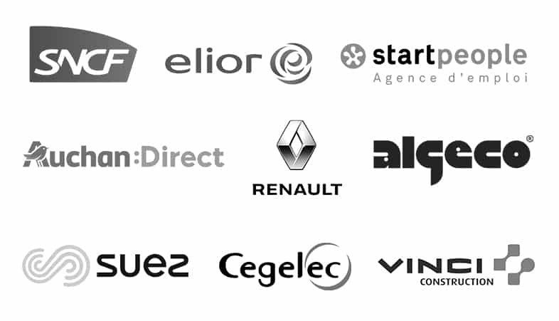 Logos : SNCF, Elior, Start People, Auchan Direct, Renault, Algeco, Suez, Cegelec, Vinci Construction.